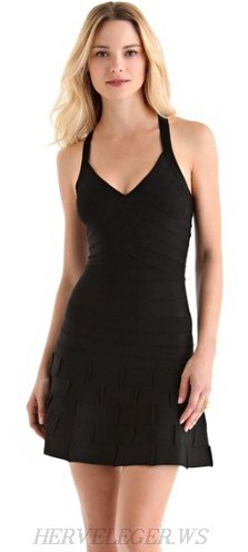 Herve Leger Black V Neck A Line Bandage Dress