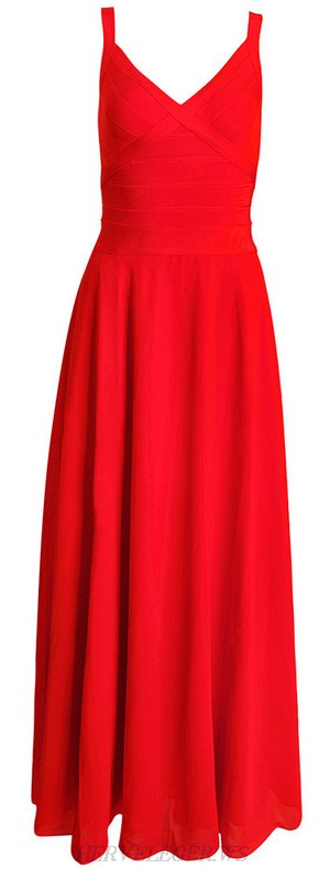 Herve Leger Red V Neck A Line Gown