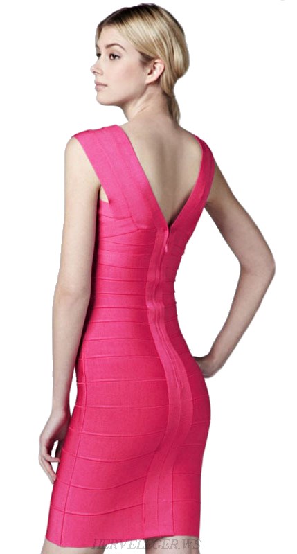 Herve Leger Pink V Neck Bandage Dress