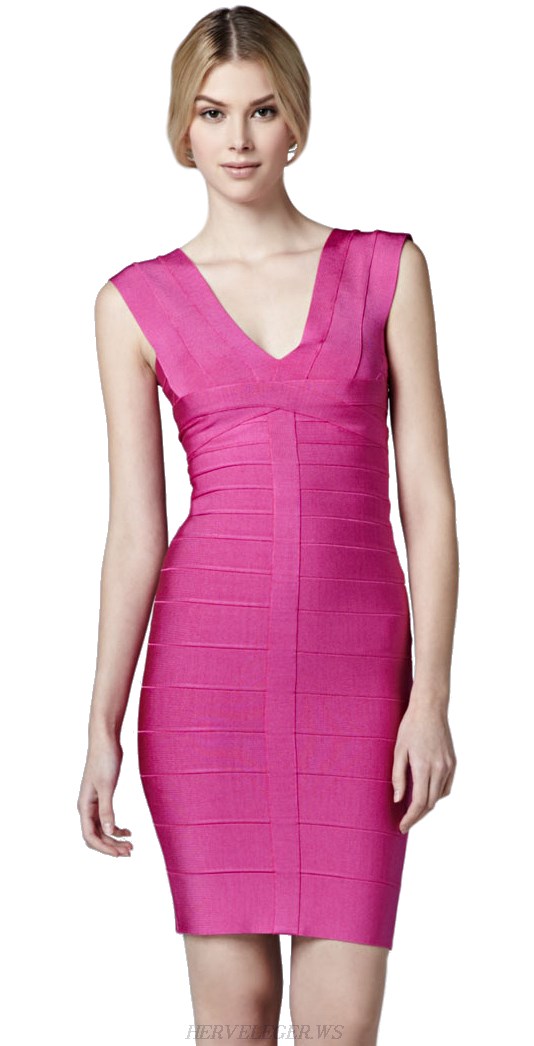 Herve Leger Pink V Neck Bandage Dress