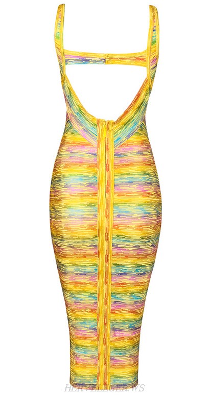 Herve Leger Yellow Woodgrain Foil Print Rainbow Dress