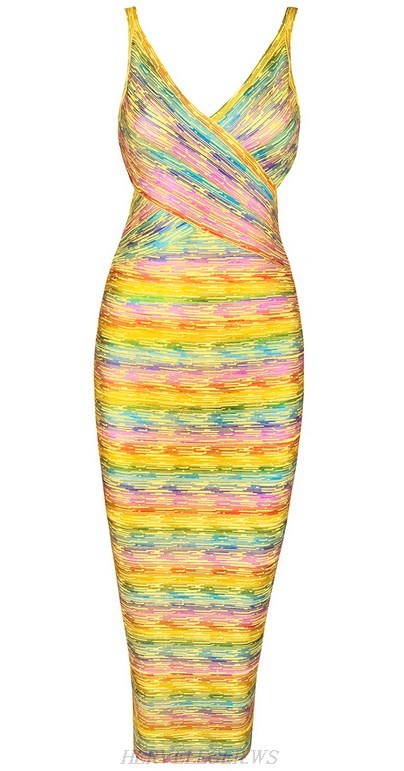 Herve Leger Yellow Woodgrain Foil Print Rainbow Dress