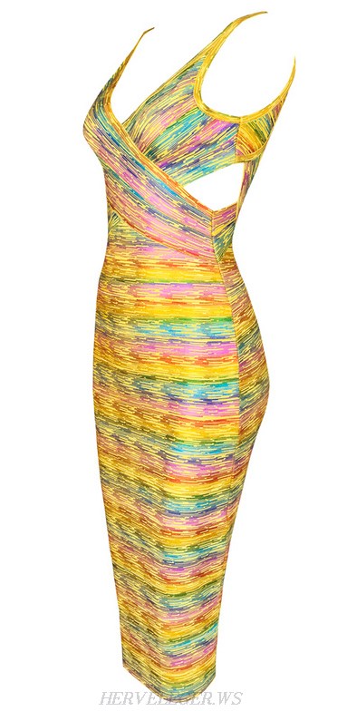 Herve Leger Yellow Woodgrain Foil Print Rainbow Dress