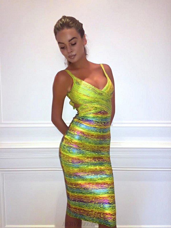 Herve Leger Yellow Woodgrain Foil Print Rainbow Dress