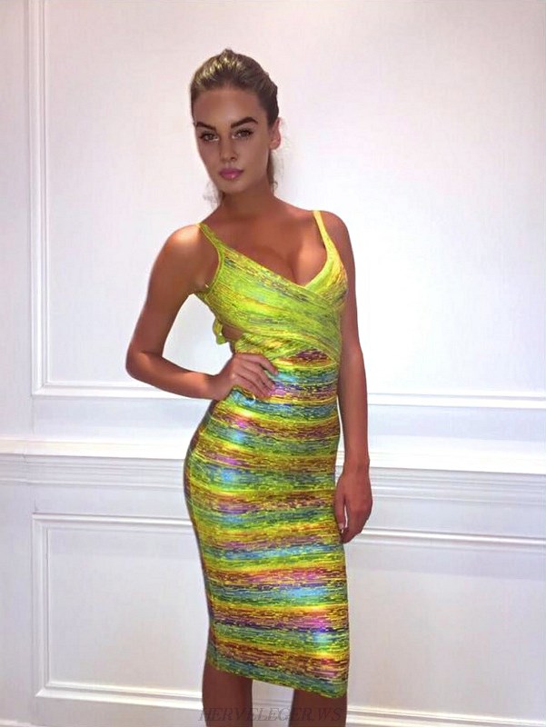 Herve Leger Yellow Woodgrain Foil Print Rainbow Dress