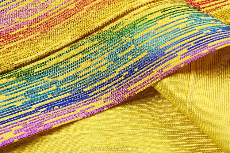 Herve Leger Yellow Woodgrain Foil Print Rainbow Dress