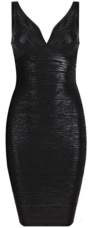 Herve Leger Black Woodgrain Foil Print V Neck Dress