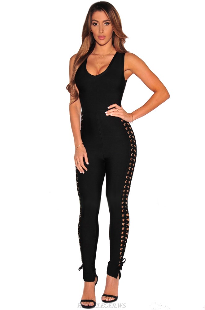 Herve Leger Black V Neck Lace Up Side Jumpsuit