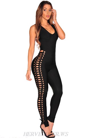 Herve Leger Black V Neck Lace Up Side Jumpsuit