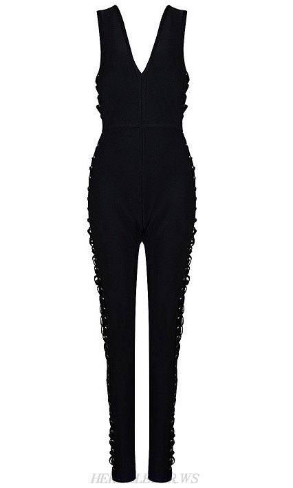 Herve Leger Black V Neck Lace Up Side Jumpsuit