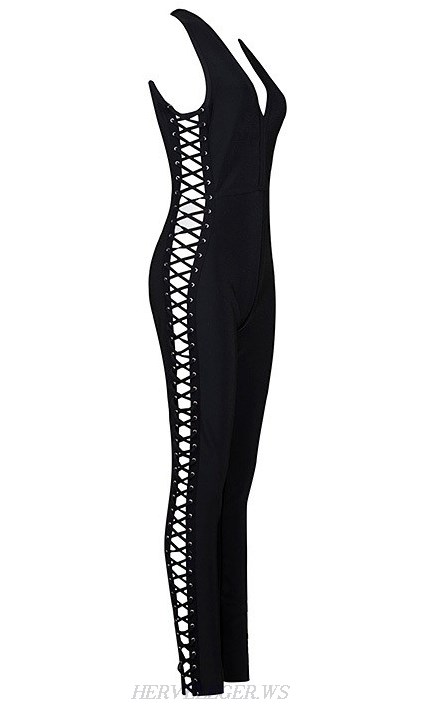 Herve Leger Black V Neck Lace Up Side Jumpsuit