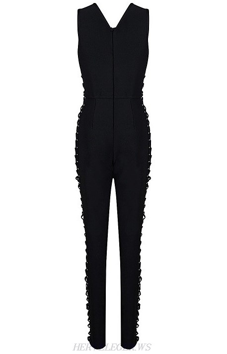 Herve Leger Black V Neck Lace Up Side Jumpsuit