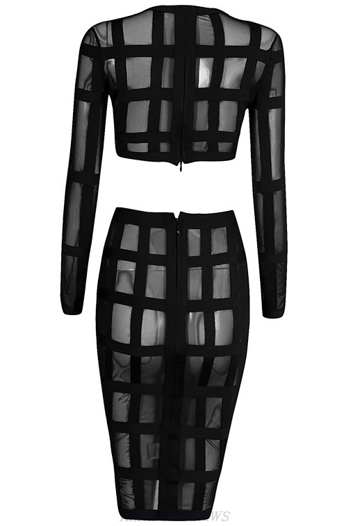 Herve Leger Black Long Sleeve Mesh Two Piece Dress