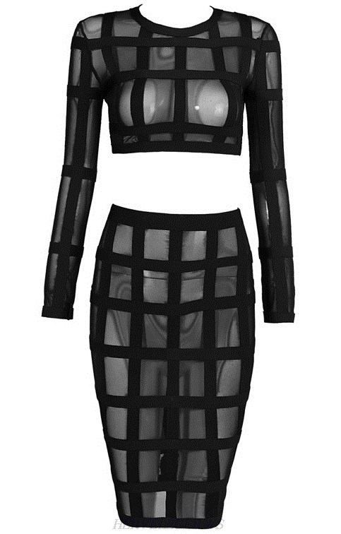 Herve Leger Black Long Sleeve Mesh Two Piece Dress