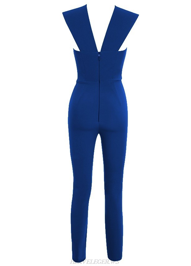 Herve Leger Blue Plunge V Neck Jumpsuit