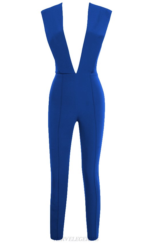 Herve Leger Blue Plunge V Neck Jumpsuit