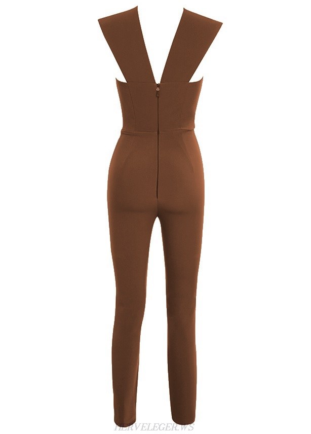 Herve Leger Brown Plunge V Neck Jumpsuit