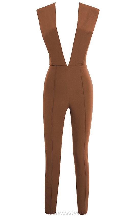 Herve Leger Brown Plunge V Neck Jumpsuit