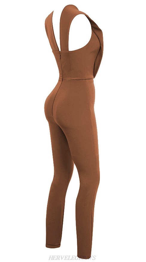 Herve Leger Brown Plunge V Neck Jumpsuit