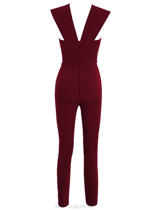 Herve Leger Burgundy Plunge V Neck Jumpsuit