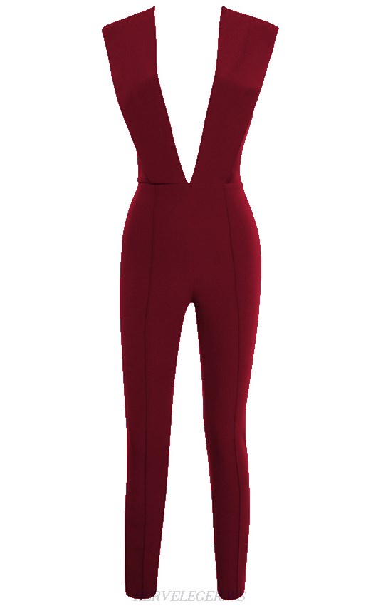 Herve Leger Burgundy Plunge V Neck Jumpsuit