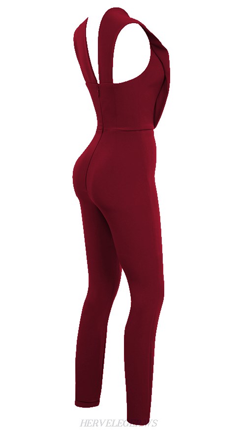 Herve Leger Burgundy Plunge V Neck Jumpsuit