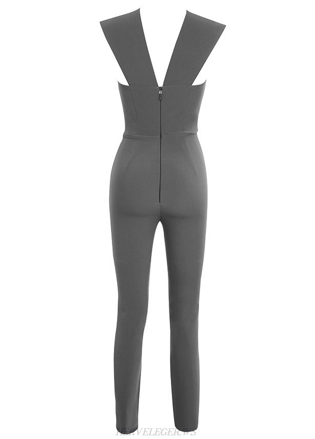 Herve Leger Grey Plunge V Neck Jumpsuit