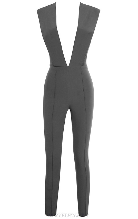 Herve Leger Grey Plunge V Neck Jumpsuit