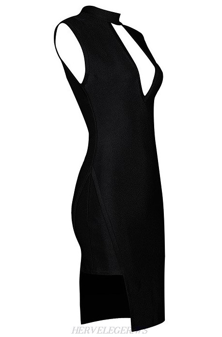 Herve Leger Black Asymmetrical Cut Out Dress