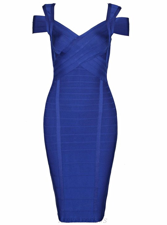 Herve Leger Blue Cut Out Shoulder Dress