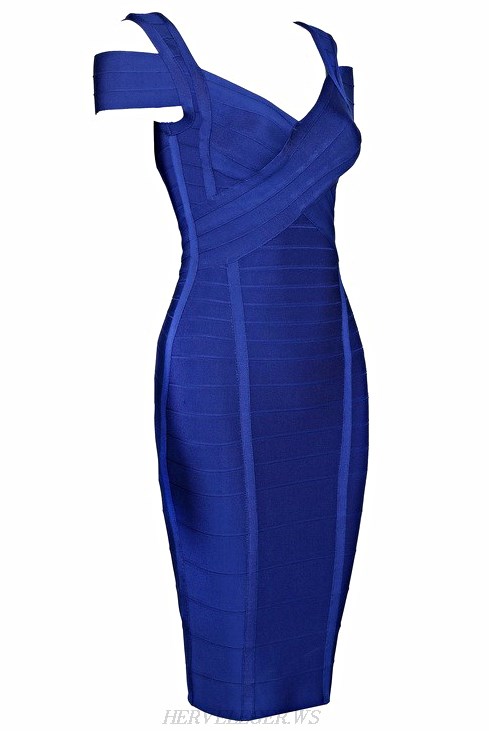 Herve Leger Blue Cut Out Shoulder Dress