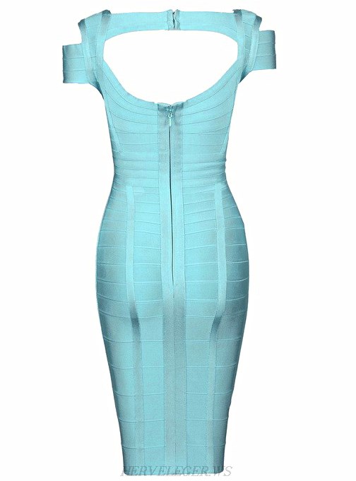 Herve Leger Turquoise Cut Out Shoulder Dress