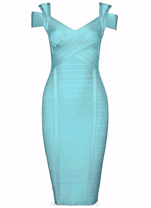 Herve Leger Turquoise Cut Out Shoulder Dress