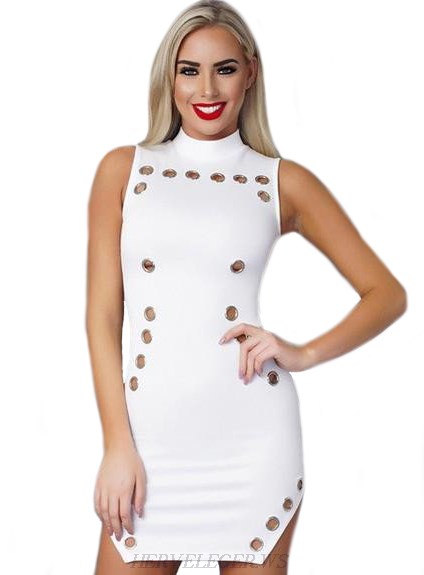 Herve Leger White Embellished Cut Out Dress