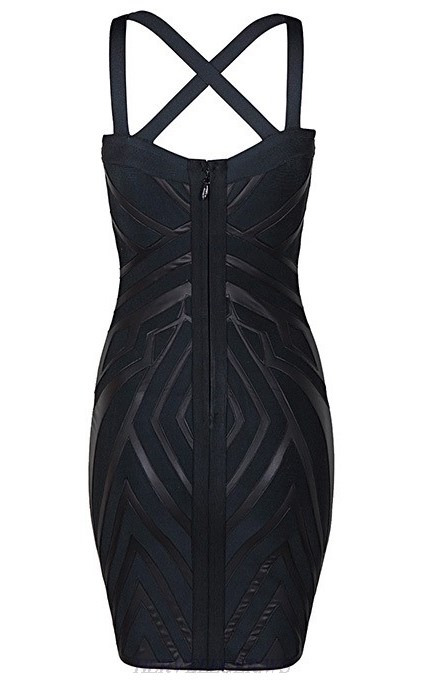 Herve Leger Black Faux Leather Pattern Strappy Dress