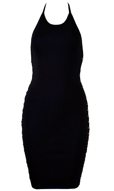 Herve Leger Black Halter Lace Up Dress