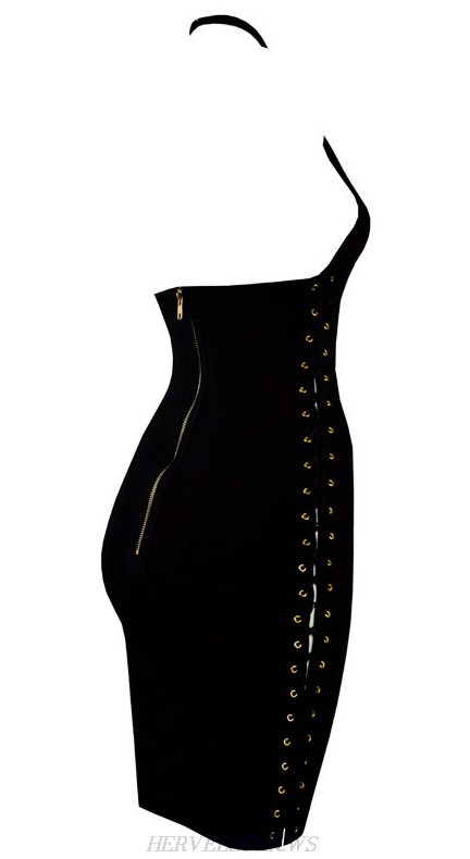 Herve Leger Black Halter Lace Up Dress