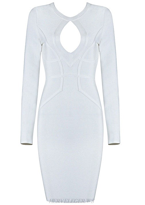 Herve Leger White Long Sleeve Cut Out Front Dress