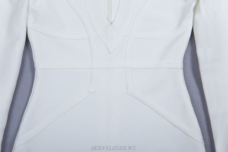 Herve Leger White Long Sleeve Cut Out Front Dress