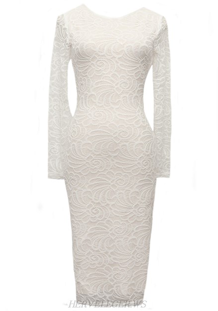 Herve Leger White Long Sleeve Lace Dress