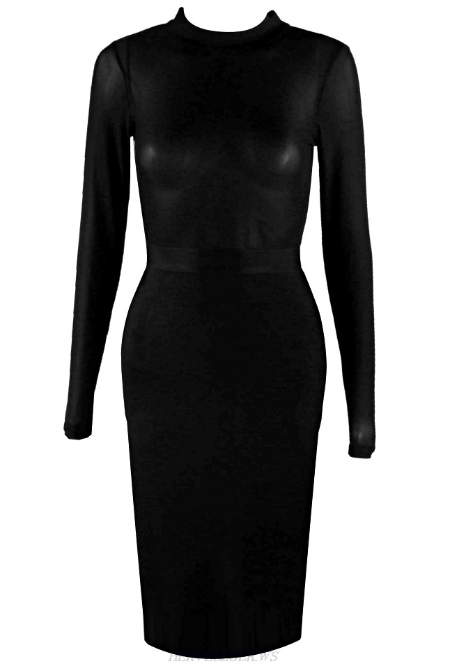 Herve Leger Black Long Sleeve Mesh Dress