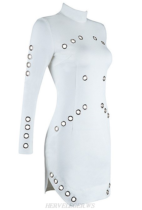 Herve Leger White Long Sleeve Metallic Cut Out Dress