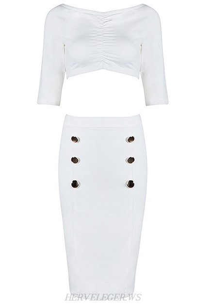 Herve Leger White Short Sleeve Bardot Two Piece Dress