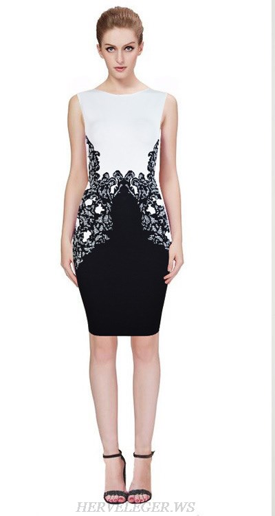 Herve Leger Black And White Jacquard Bandage Dress