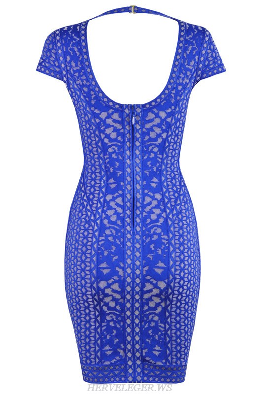 Herve Leger Blue Jacquard V Neck Cap Sleeve Bandage Dress