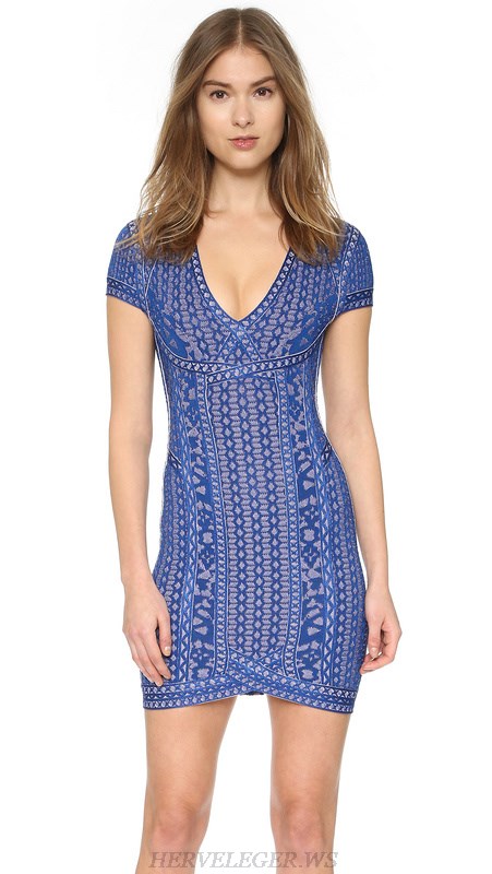 Herve Leger Blue Jacquard V Neck Cap Sleeve Bandage Dress