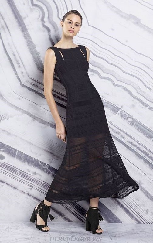 Herve Leger Black Striped Lace A Line Dress