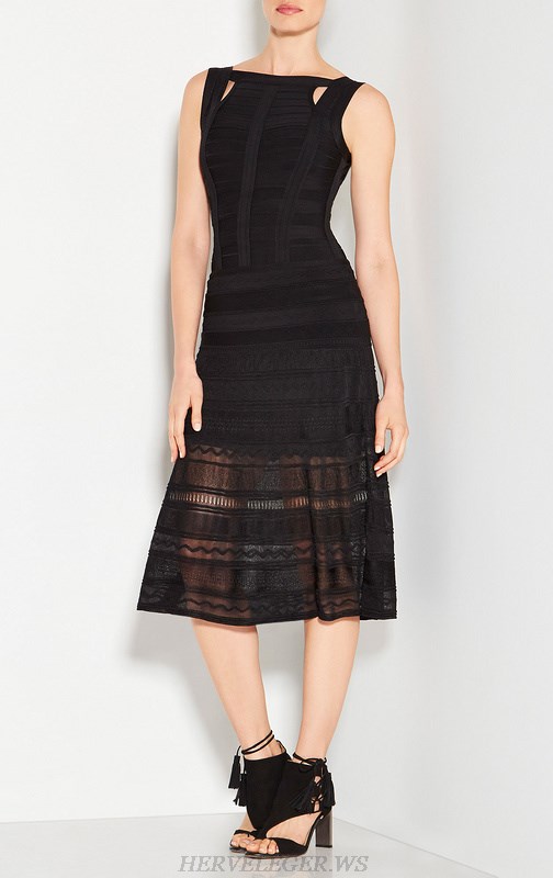 Herve Leger Black Striped Lace A Line Dress