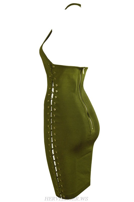 Herve Leger Black And Green Multi Color Halter Bandage Dress