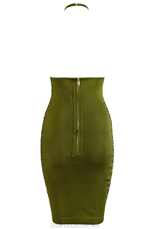 Herve Leger Black And Green Multi Color Halter Bandage Dress